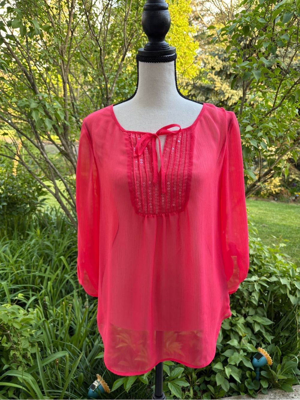 Express Sheer Tie-Neck Tunic - Hot Pink
